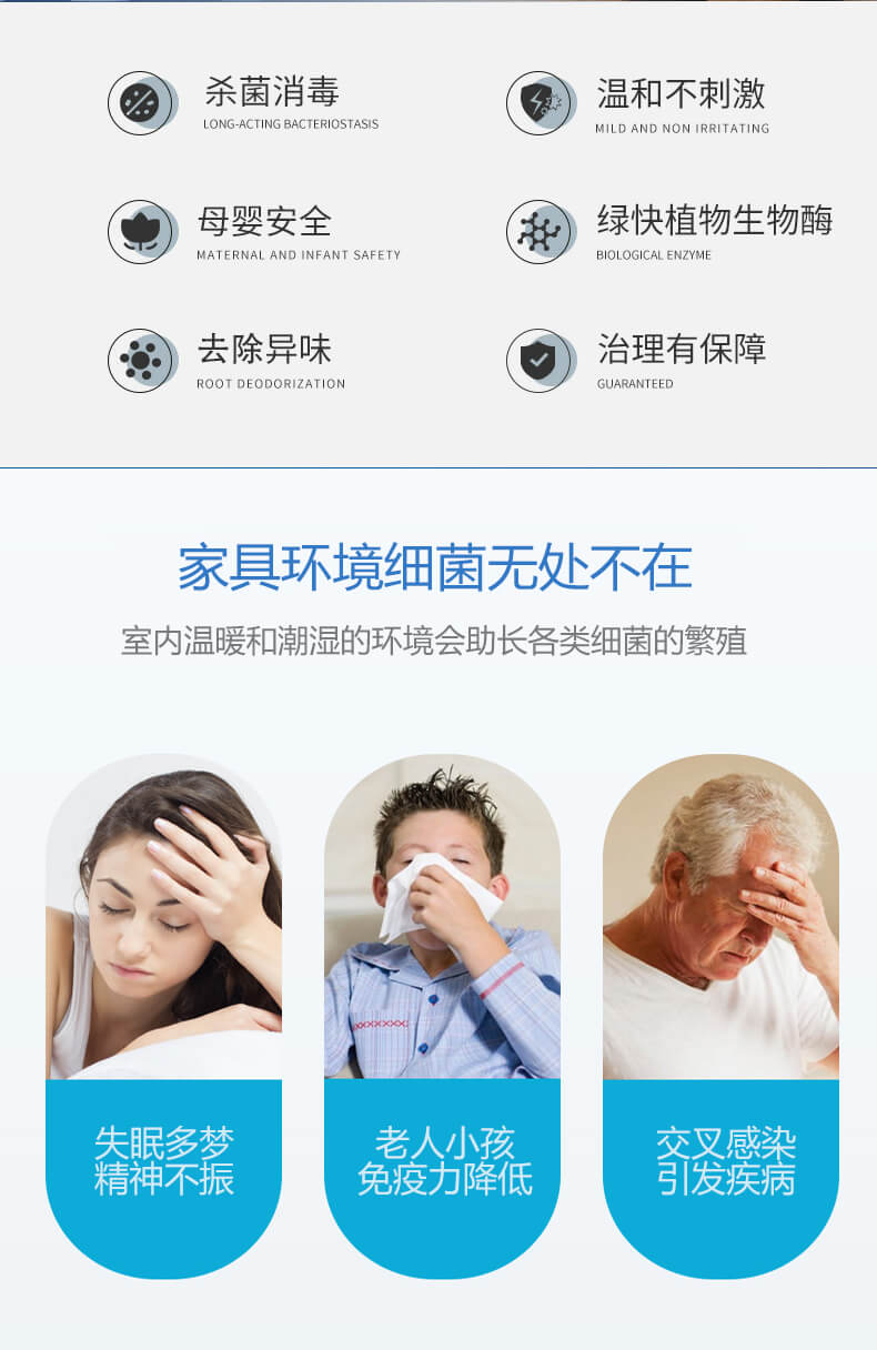 殺菌消毒，溫和不刺激，母嬰安全，綠快植物生物酶，祛除異味，治理有保障，家具環(huán)境細(xì)菌無(wú)處不在，室內(nèi)溫暖和潮濕的環(huán)境會(huì)助長(zhǎng)各類細(xì)菌的繁殖，失眠多夢(mèng)，精神不振，老人小孩免疫力降低，交叉感染，引發(fā)疾病