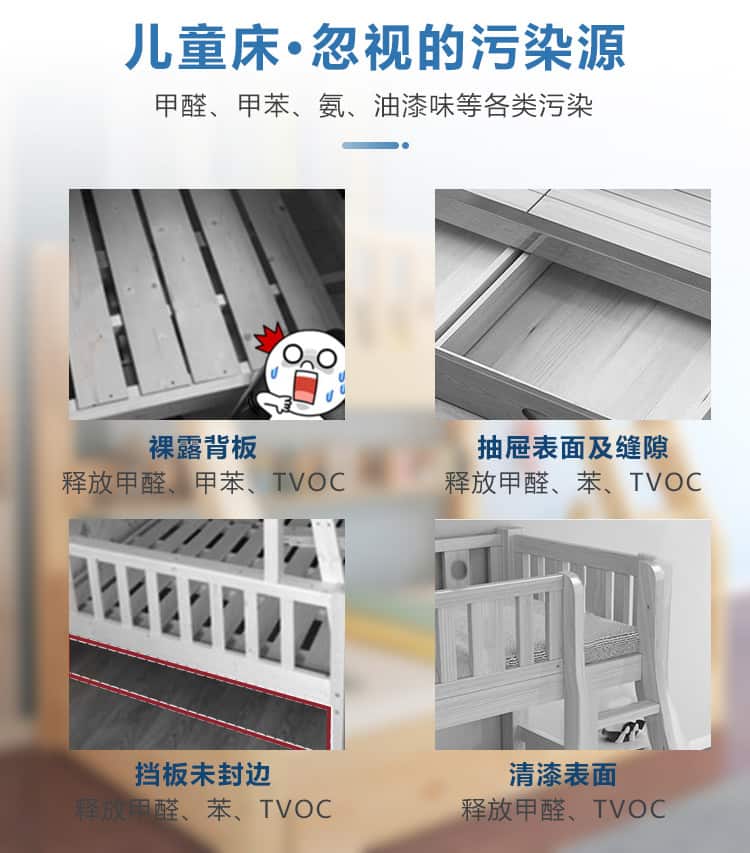 兒童床忽視的污染源，甲醛，甲苯，氨，油漆味污染，裸露背板，抽屜背面幾縫隙，擋板未封邊，清漆表面
