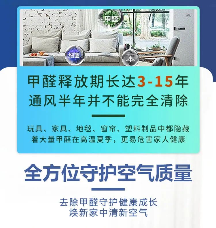 甲醛釋放期長達3-15年,通風(fēng)半年并不能完全清除,玩具、家具、地毯、窗簾、塑料制品中都隱藏著大量甲醛在高溫夏季，更易危害家人健康