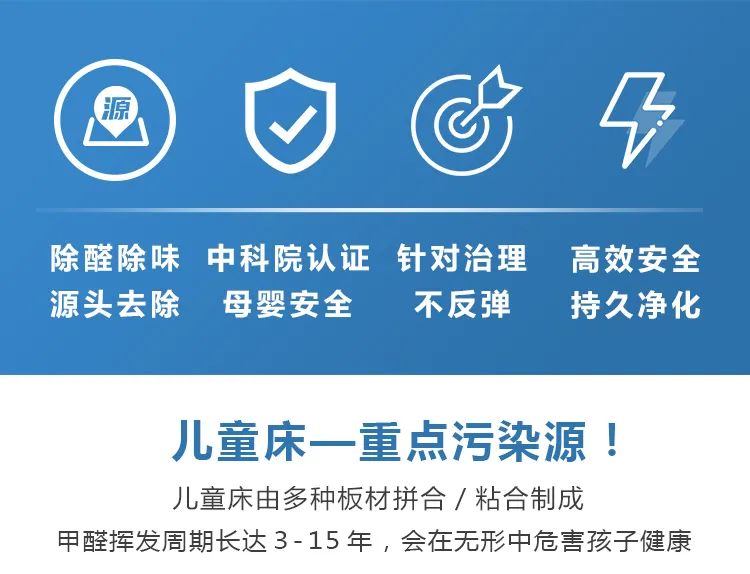 除醛除味,源頭去除,中科院認證,母嬰安全,針對治理不反彈,高效安全,持久凈化,兒童床一重點污染源,兒童床由多種板材拼合/粘合制成甲醛揮發(fā)周期長達3-15年，會在無形中危害孩子健康