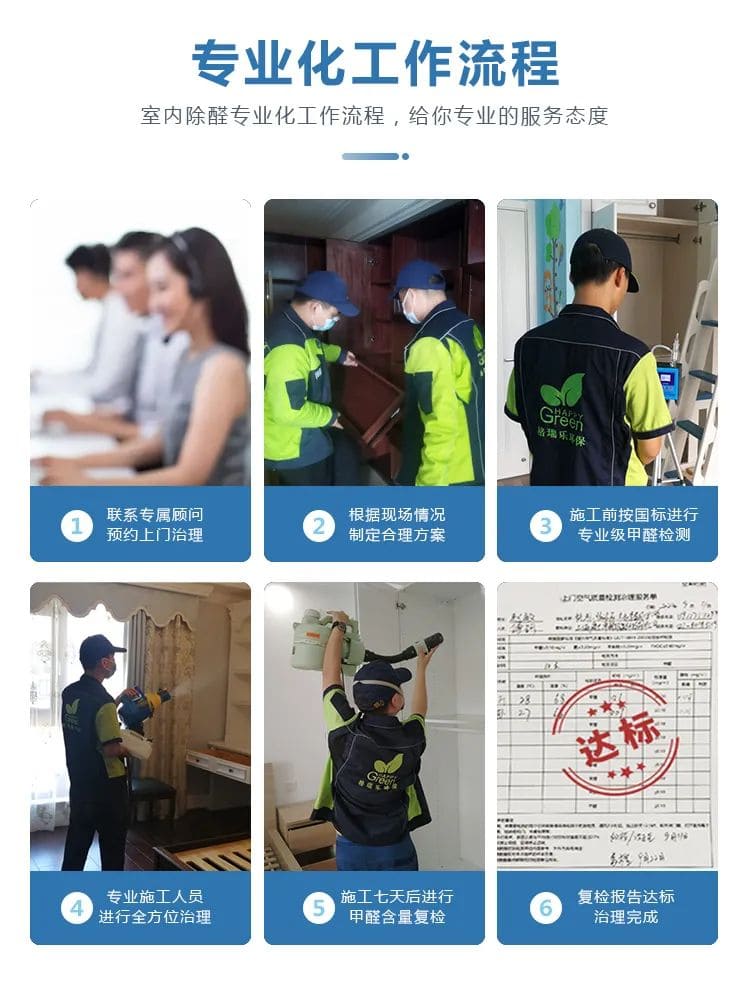 專業(yè)化工作流程,室內除醛專業(yè)化工作流程,給你專業(yè)的服務態(tài)度,聯系專屬顧問預約上門治理,根據現場情況制定合理方案, 施工前按國標進行專業(yè)級甲醛檢測,專業(yè)施工人員進行全方位治理,施工七天后進行甲醛含量復檢,復檢報告達標治理完成